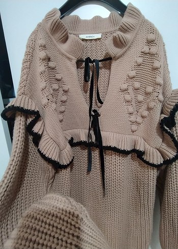 Pembe Nakışlı Örgü Kadın Kazak - Görsel 3