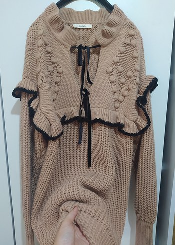 Pembe Nakışlı Örgü Kadın Kazak - Görsel 4