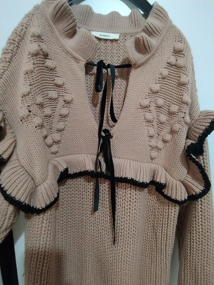 Pembe Nakışlı Örgü Kadın Kazak - Görsel 2