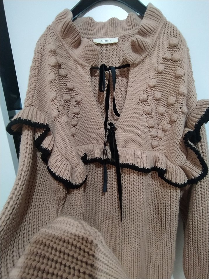 Pembe Nakışlı Örgü Kadın Kazak - Görsel 3