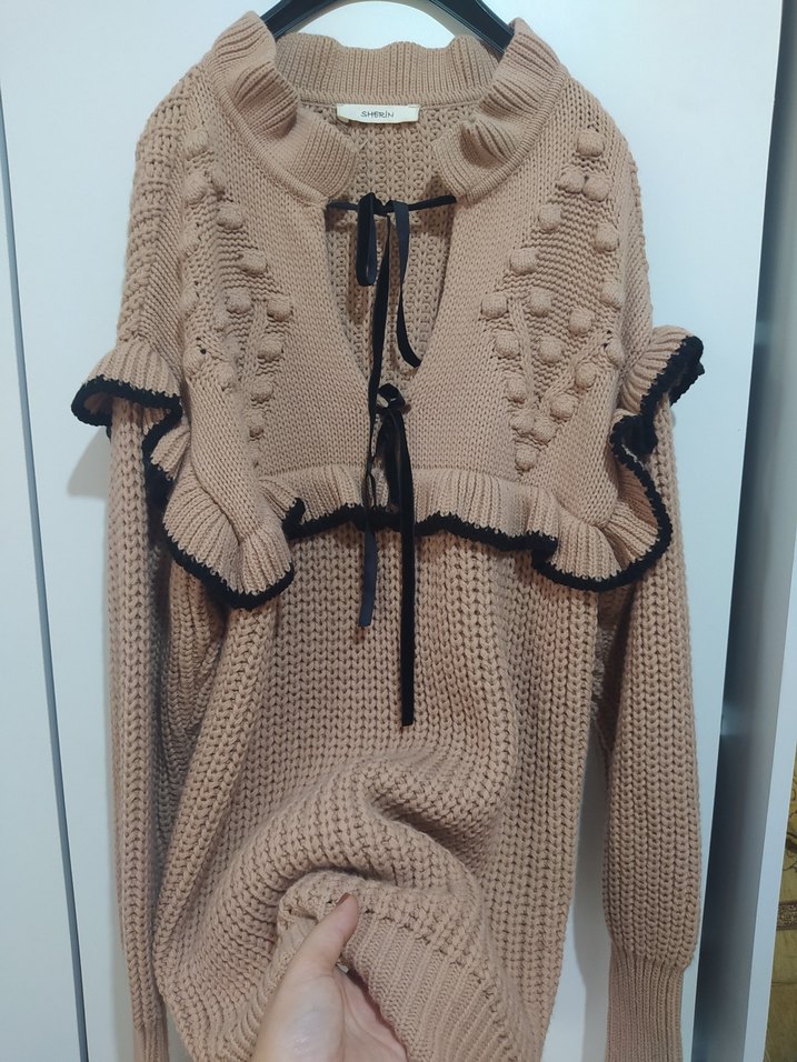 Pembe Nakışlı Örgü Kadın Kazak - Görsel 4