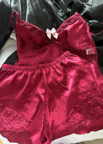 Bordo ParlaDantelli İnce Askılı Kadın Pijama Takımı