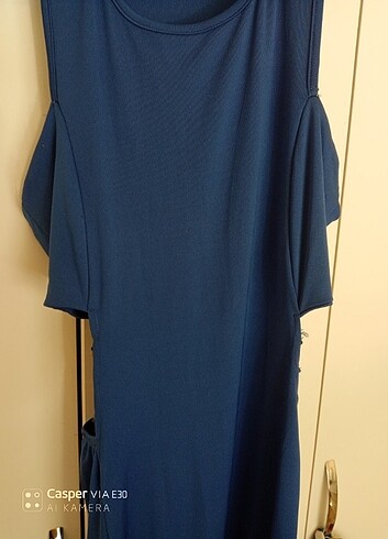 m Beden mavi Renk Saks Beli Pencere Detaylı Midi Elbise 