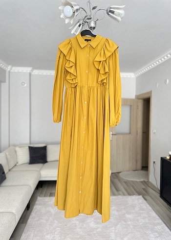 Sarı Uzun Kollu Fırfırlı Keten Elbise - Görsel 6