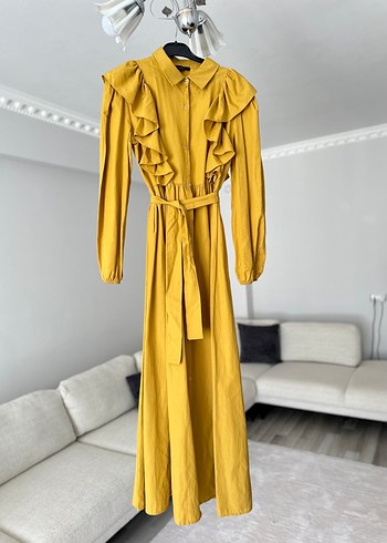 Sarı Uzun Kollu Fırfırlı Keten Elbise - Görsel 5