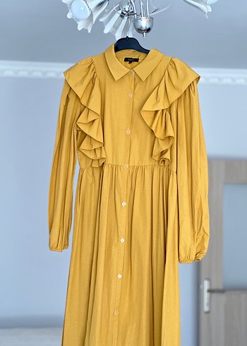 Sarı Uzun Kollu Fırfırlı Keten Elbise - Görsel 3