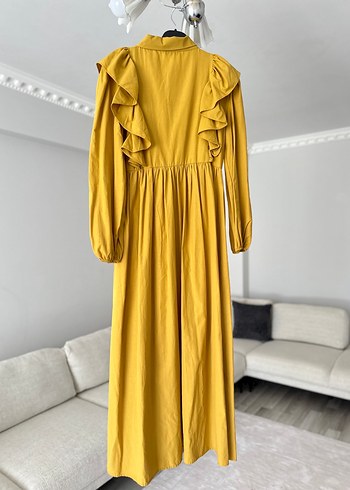 Sarı Uzun Kollu Fırfırlı Keten Elbise - Görsel 2