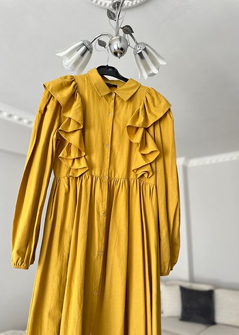 Sarı Uzun Kollu Fırfırlı Keten Elbise - Görsel 8