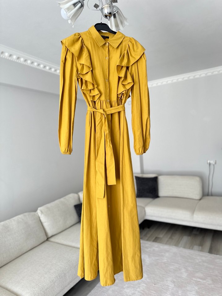 Sarı Uzun Kollu Fırfırlı Keten Elbise - Görsel 5