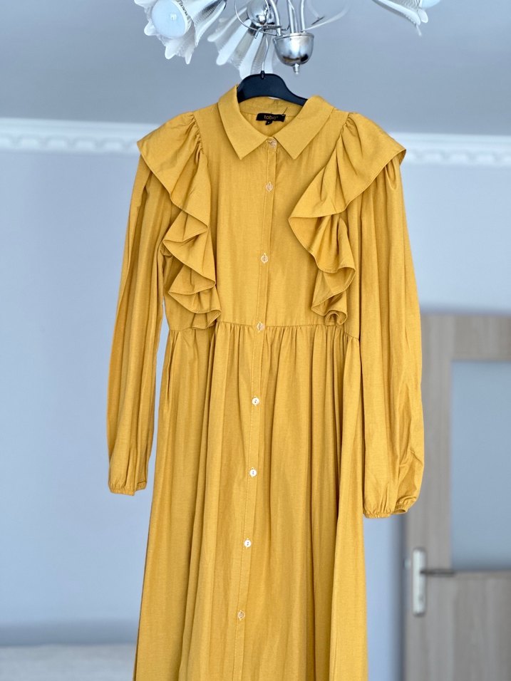 Sarı Uzun Kollu Fırfırlı Keten Elbise - Görsel 3