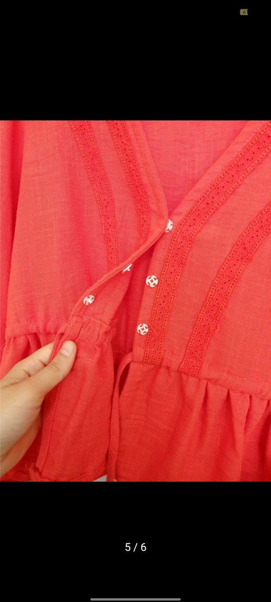 Kırmızı Nakışlı V Yakalı Keten Bluz - Görsel 5