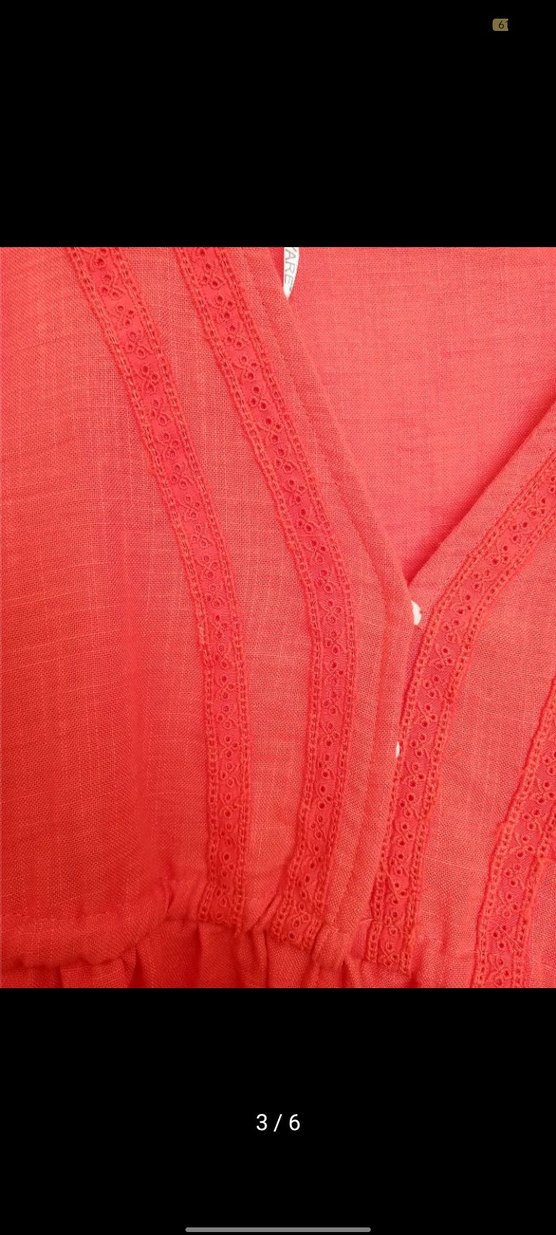 Kırmızı Nakışlı V Yakalı Keten Bluz - Görsel 2