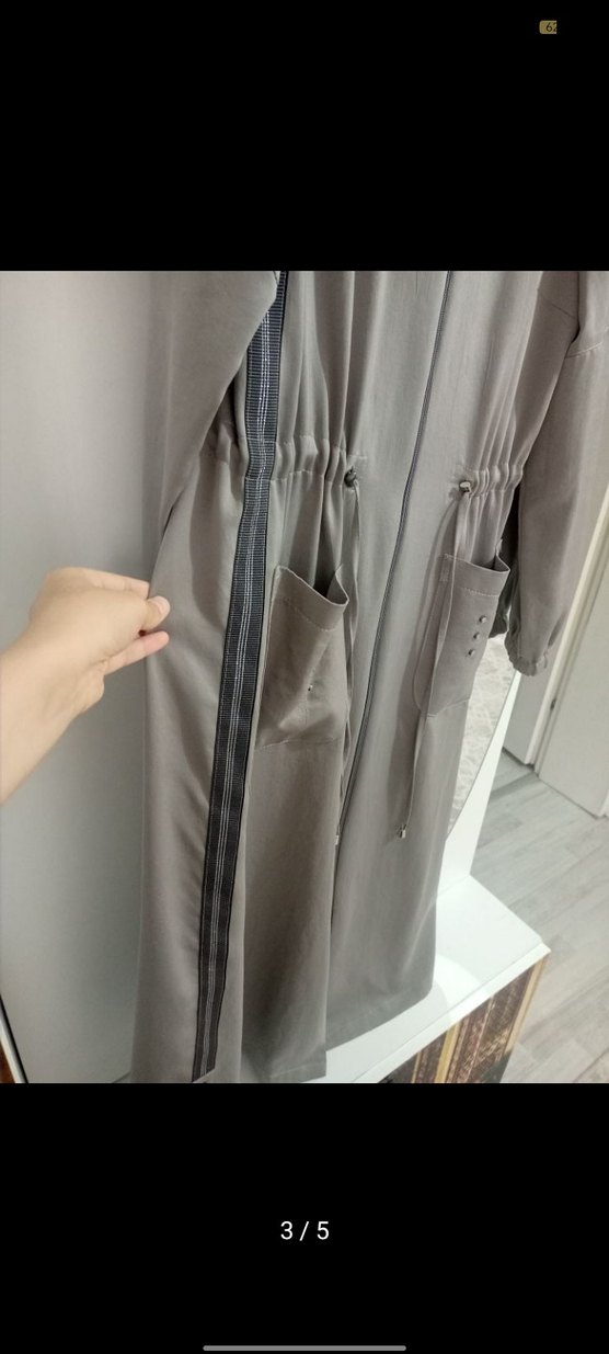 Uzun Gri Salaş Kapüşonlu Kadın Kaban - Görsel 4