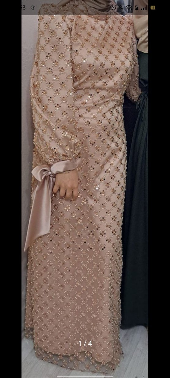 İşlemeli Boncuk Detaylı Uzun Bej Abiye - Görsel 3