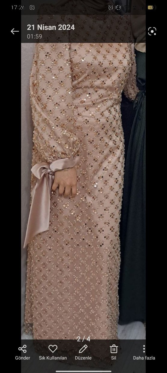 İşlemeli Boncuk Detaylı Uzun Bej Abiye - Görsel 2