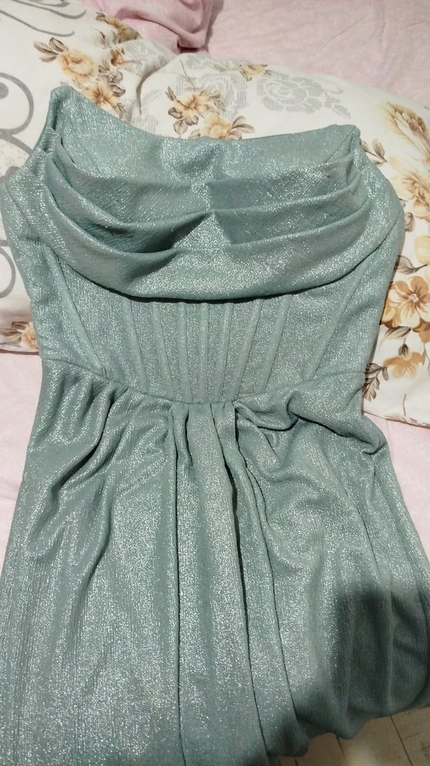 Su yeşili straplez kuyruklu simli Abiye Elbise - Görsel 2