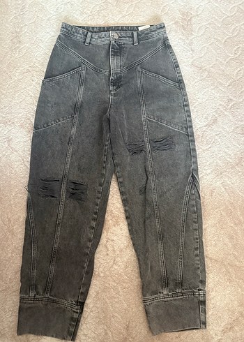 Gri Bol Kesim Midi Kot Pantolon