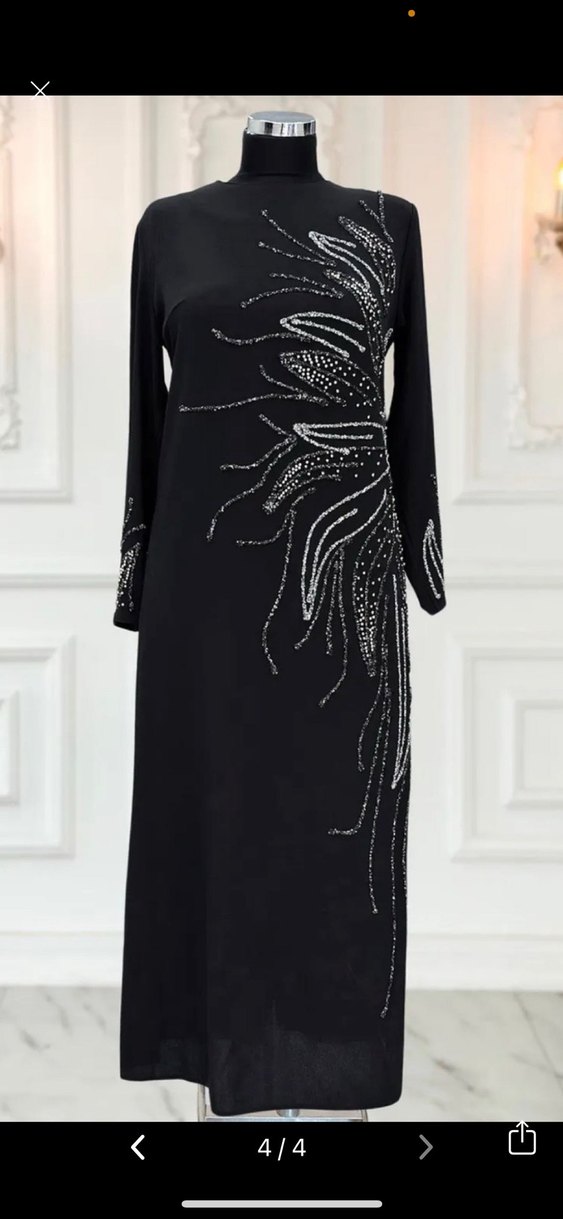 Mor, Uzun Kollu, Boncuk İşlemeli Uzun Elbise - Görsel 3