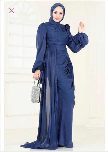 Drapeli Lacivert Uzun Abiye Elbise - Görsel 3