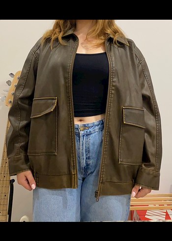 Kahverengi Vintage Oversized Deri Ceket y2k