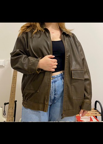 Stradivarius Kahverengi Vintage Oversized Deri Ceket y2k