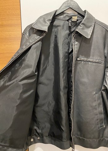 H&M Koyu Gri Siyah Oversize Normal Boy Deri Ceket Y2K