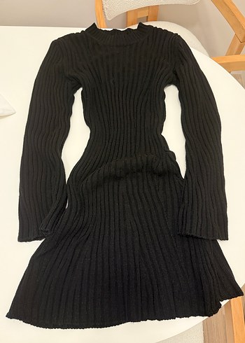 Siyah Yüksek Yakalı Fitilli Triko Elbise - Görsel 2