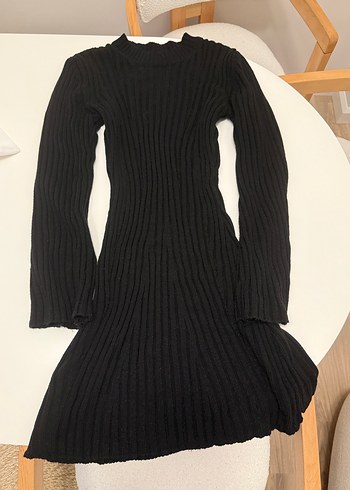 Siyah Yüksek Yakalı Fitilli Triko Elbise - Görsel 3