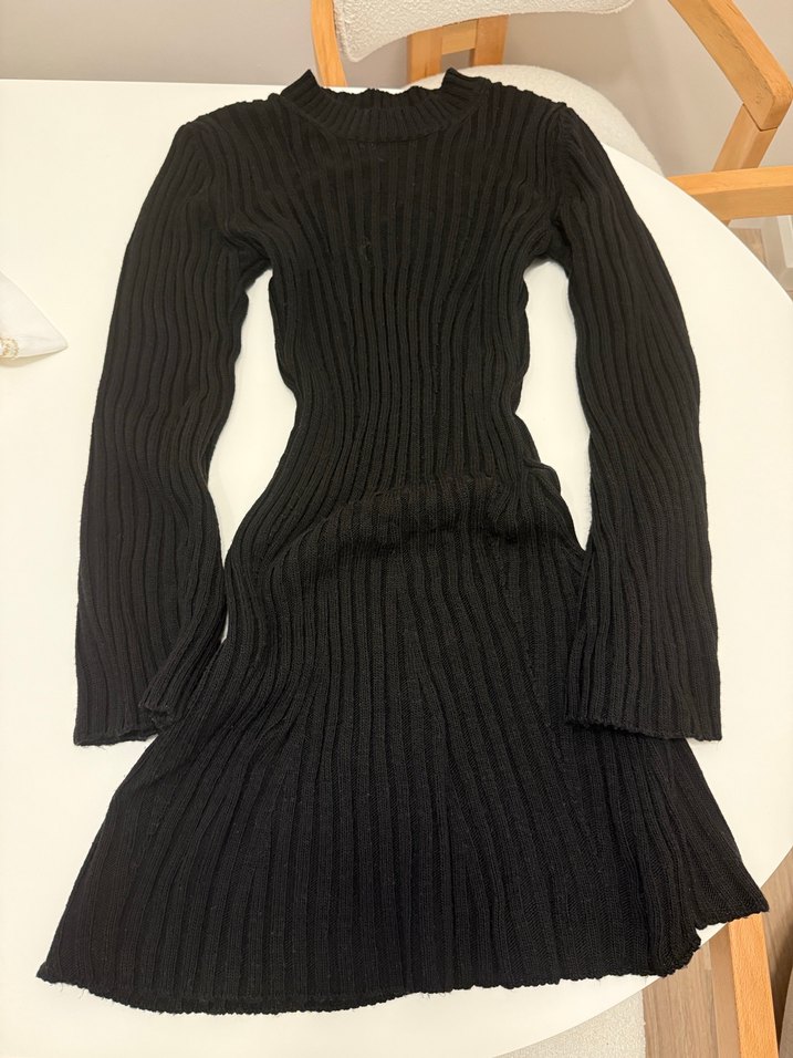 Siyah Yüksek Yakalı Fitilli Triko Elbise - Görsel 2