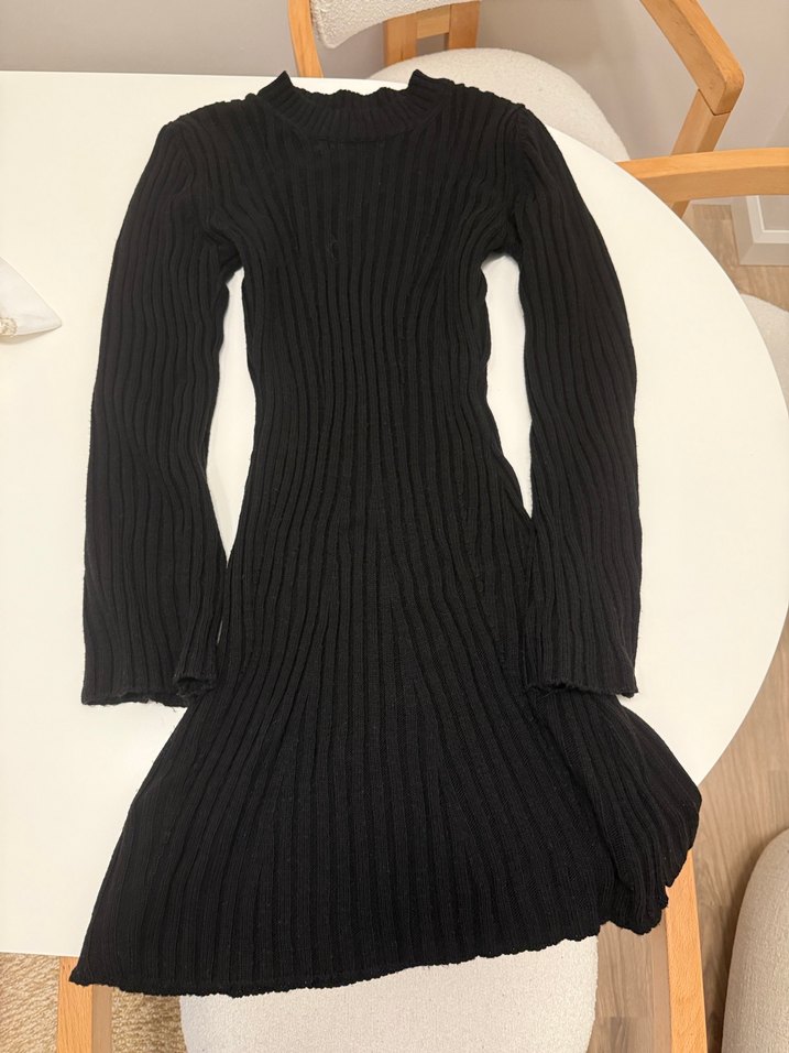 Siyah Yüksek Yakalı Fitilli Triko Elbise - Görsel 3