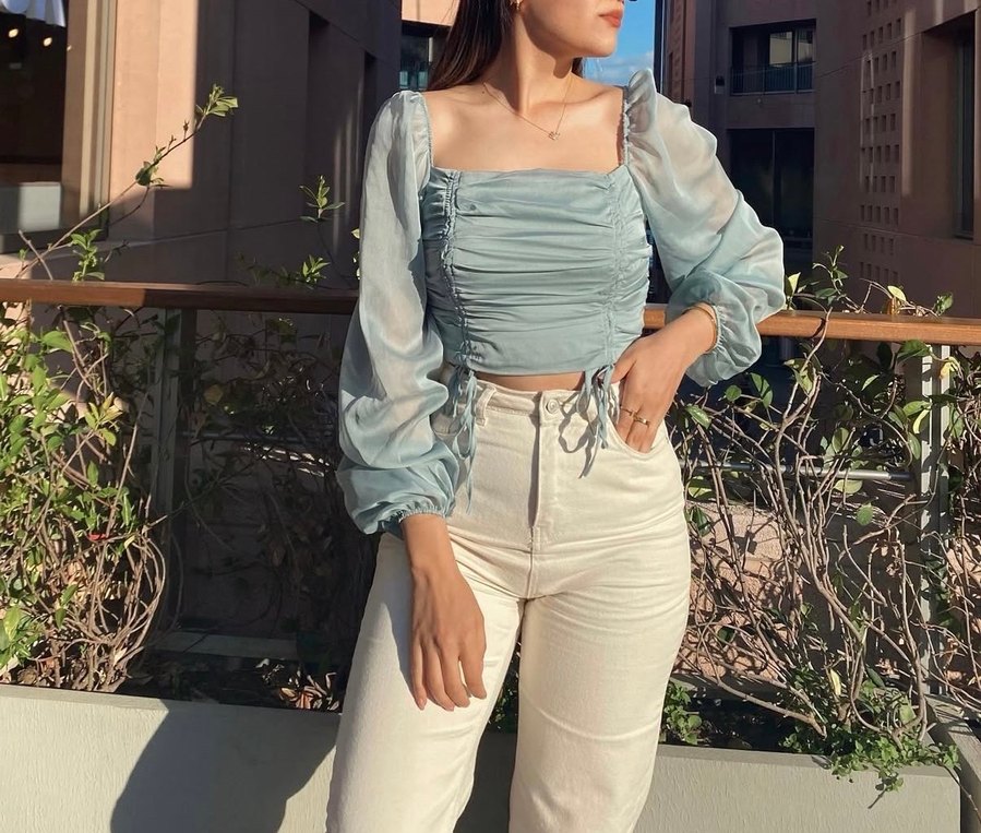 Mavi Drapeli Uzun Kollu Mini Kadın Bluz - Görsel 2