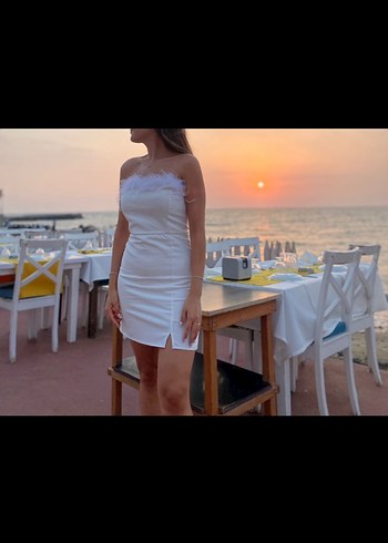 Beyaz Straplez Mini Elbise - Görsel 3