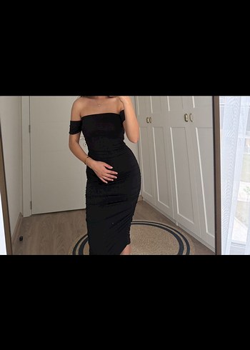 Siyah Straplez Midi Elbise - Görsel 4