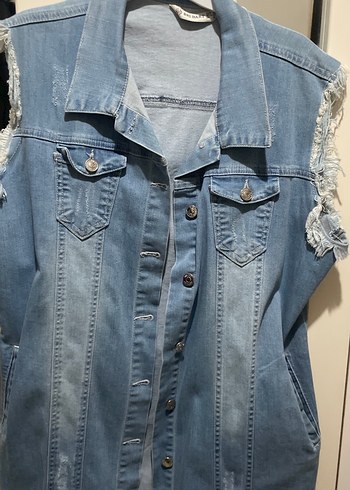 Düğmeli Mavi Midi Denim Yelek - Görsel 3