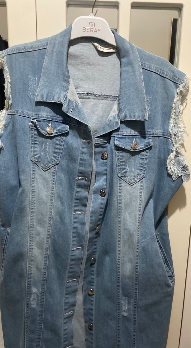 Düğmeli Mavi Midi Denim Yelek - Görsel 3