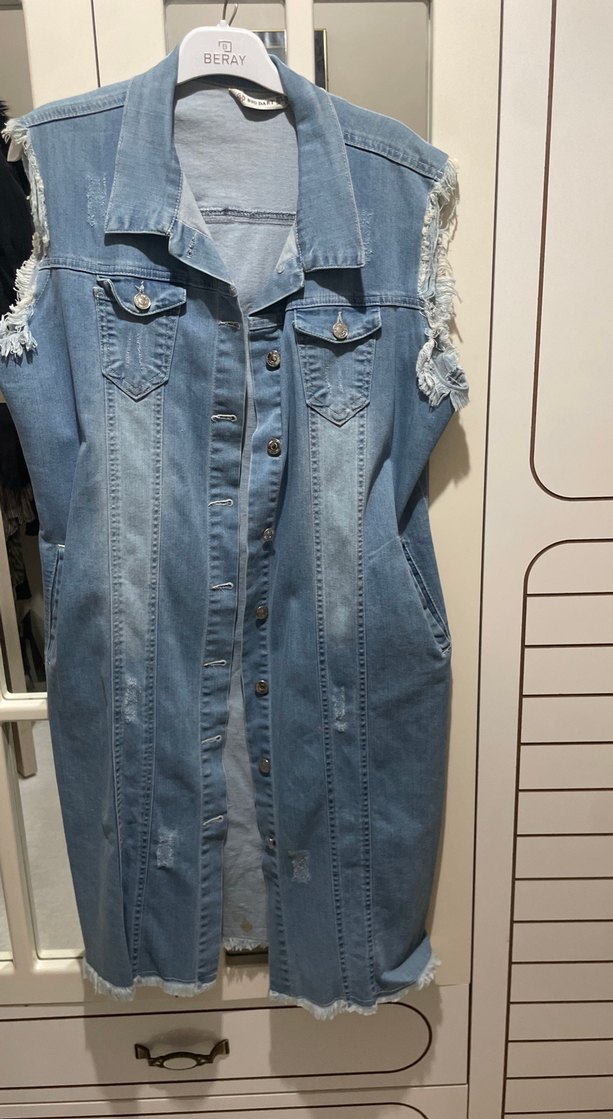 Düğmeli Mavi Midi Denim Yelek - Görsel 2