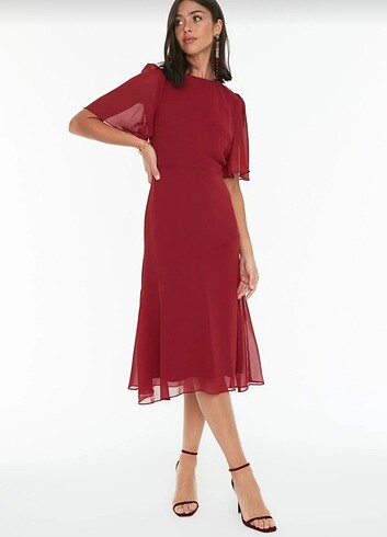 Zara Trendyol şifon bordo elbise