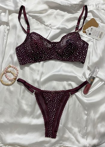 Bordo Puantiyeli Mini Bohem Sütyen Takımı