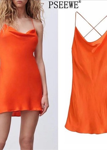 Zara Parlak Turuncu İnce Askılı elbise