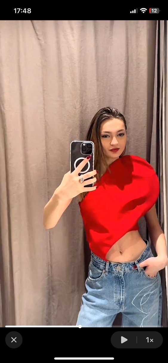 Asimetrik Kalp Kalp Yaka Kırmızı bluz - Görsel 4