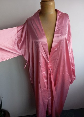 Parlak Pembe Uzun Vintage Kadın Sabahlık - Görsel 3