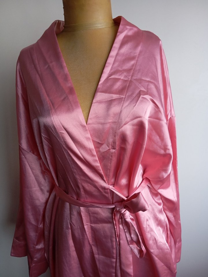 Parlak Pembe Uzun Vintage Kadın Sabahlık - Görsel 4