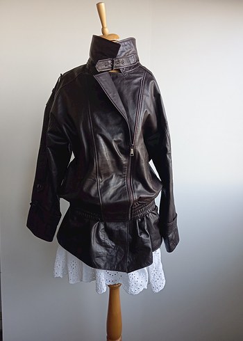 Kemerli Kahverengi Deri Biker Ceket - Görsel 5