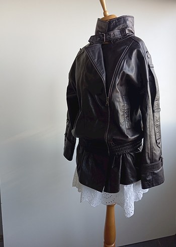 Kemerli Kahverengi Deri Biker Ceket - Görsel 7