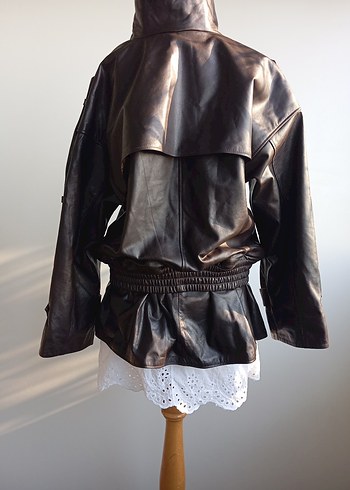 Kemerli Kahverengi Deri Biker Ceket - Görsel 3