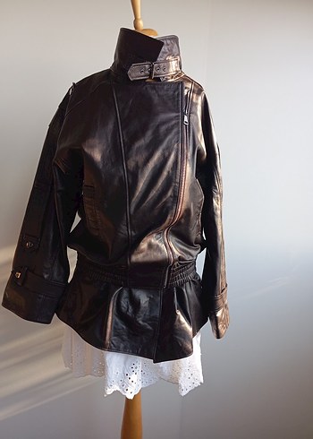 Kemerli Kahverengi Deri Biker Ceket - Görsel 2