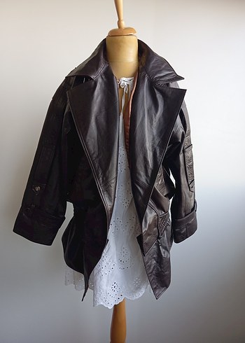 Kemerli Kahverengi Deri Biker Ceket - Görsel 4