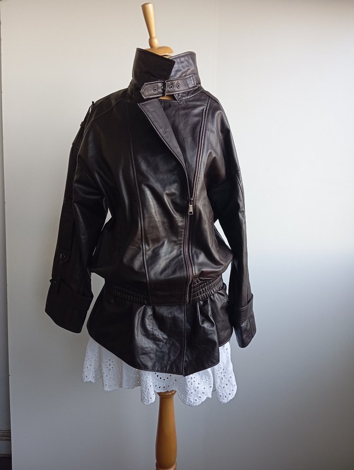 Kemerli Kahverengi Deri Biker Ceket - Görsel 5