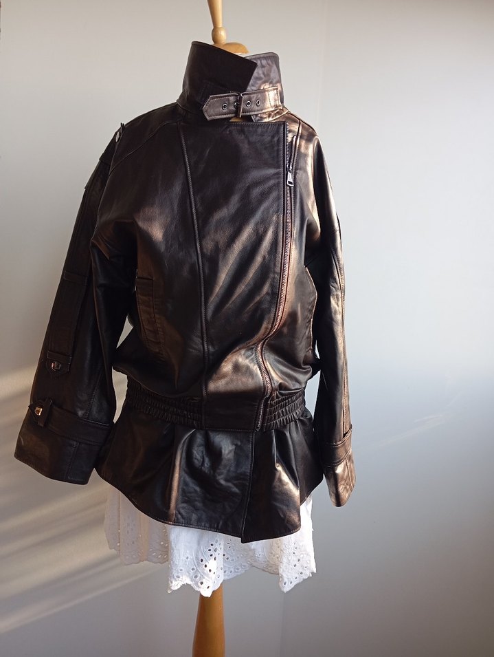 Kemerli Kahverengi Deri Biker Ceket - Görsel 2