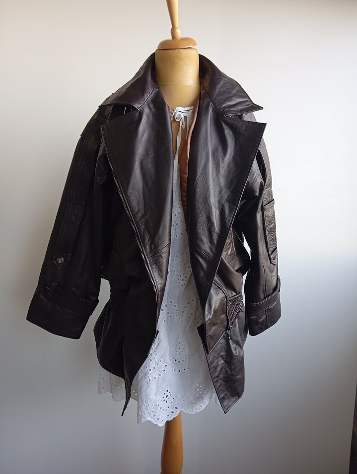 Kemerli Kahverengi Deri Biker Ceket - Görsel 4